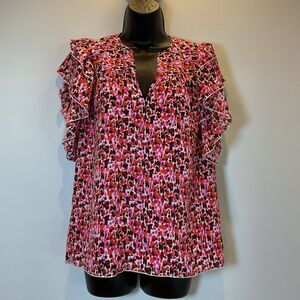 Anna Cate Ruffle Sleeve Blouse XS Pink Red Abstract Print V-Neck Feminine‎ Top